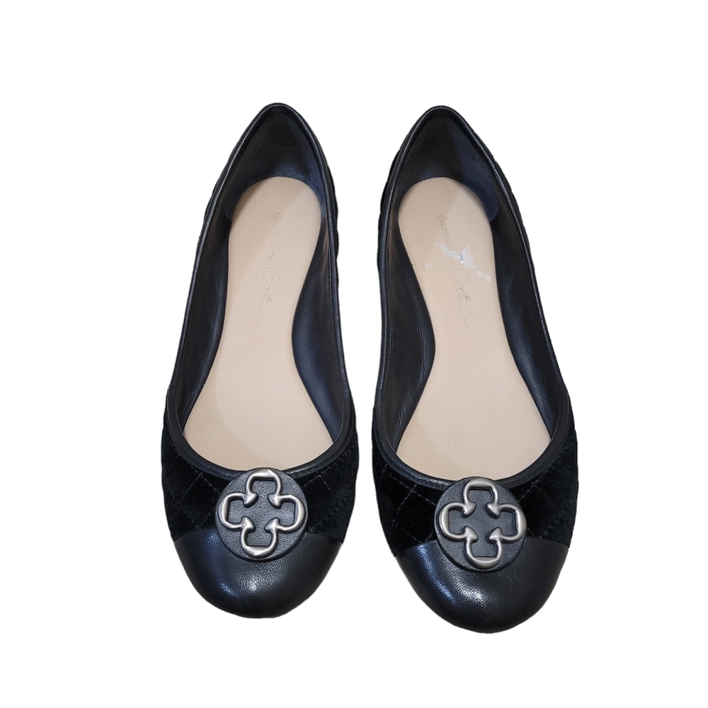 Women's Black Quilted Ballet Flats with Silver Emblem